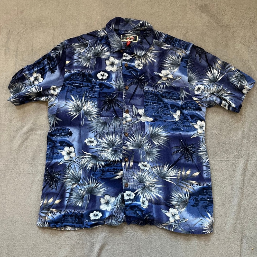 La Cabana All Night Long XL Mens‎ Hawaiian Shirt Palm Tree Blue Floral